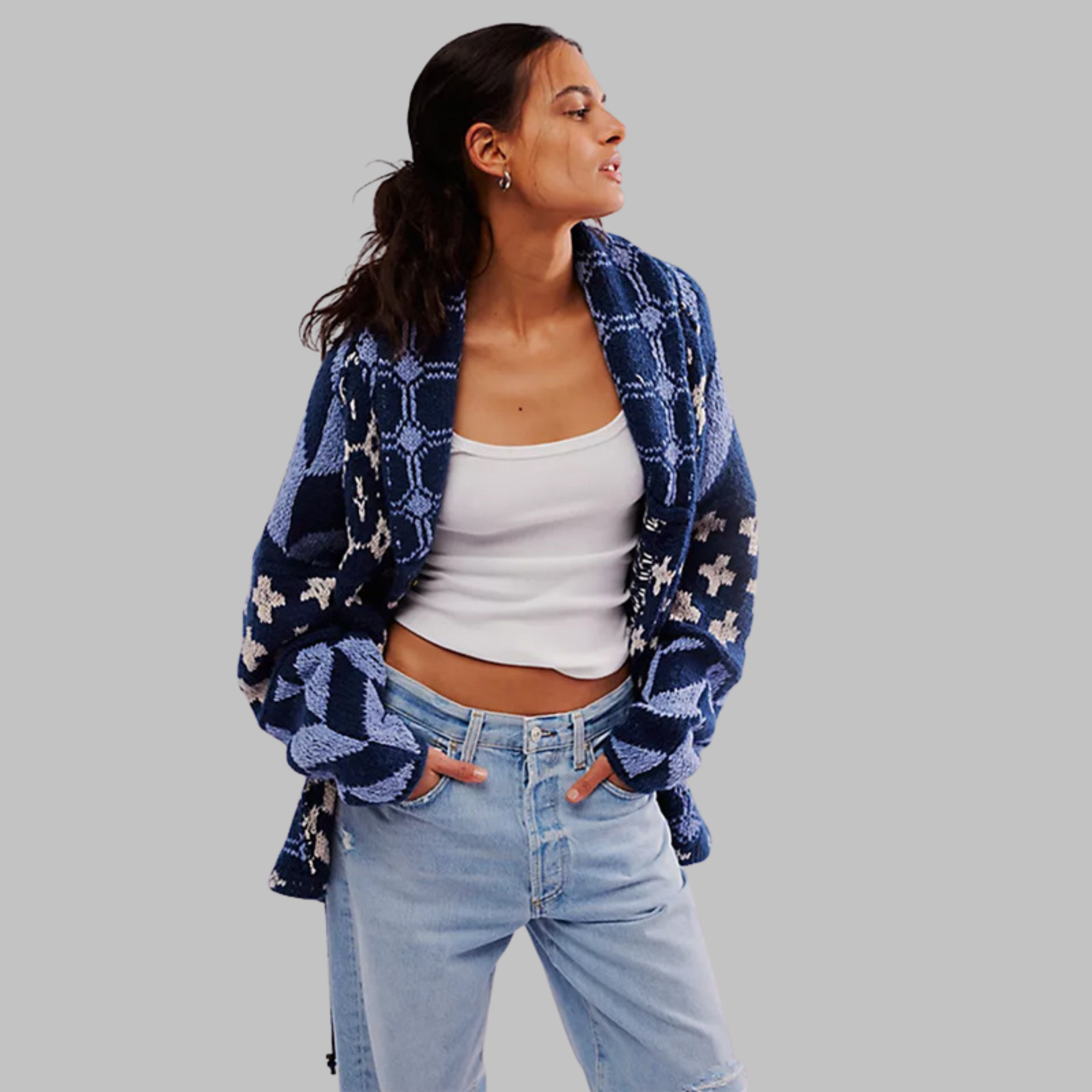 Alessandra – Kardigan vintage oversize z kołnierzykiem i guzikami